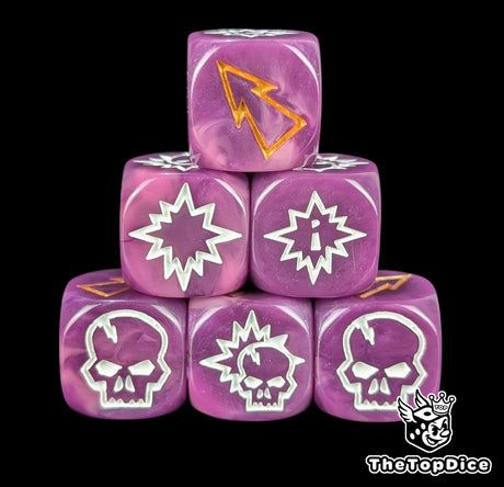 Close up of three purple 16mm block dice with white symbols and gold pips for resolving blocks
