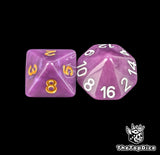 Close up of a purple D8 and D16 with gold numbers for scatter and long range fantasy football rolls