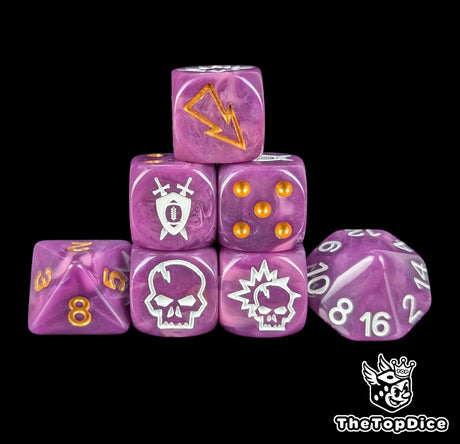 Purple old world allies fantasy football dice set of seven 16mm resin dice with gold pips compatible with Blood Bowl