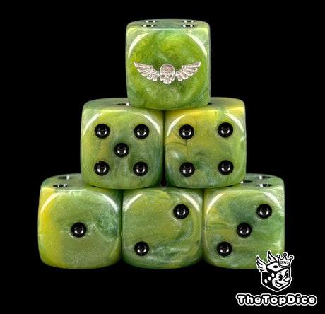 Six olive green Astra Militarum D6 stacked, a silver winged skull