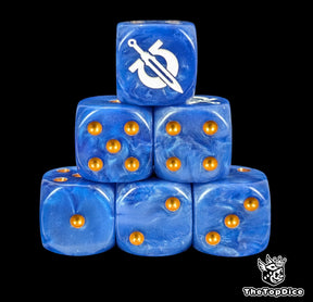 Blue 16mm D6 dice with a white omega and sword emblem and gold pips for sci-fi wargaming
