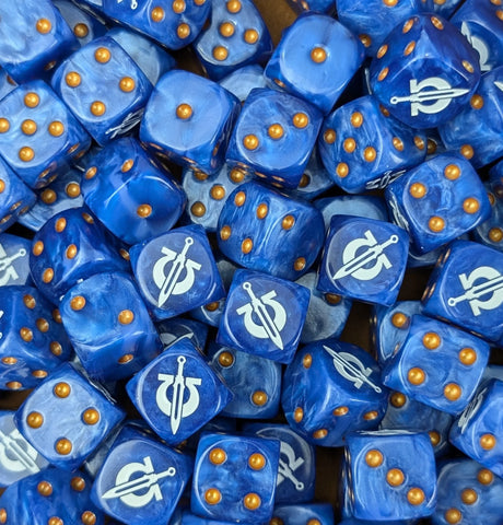 Pile of blue omega 16mm D6 dice for a sci-fi knight army
