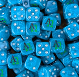 Pile of turquoise omega 16mm D6 dice for a sci-fi hidden legion army