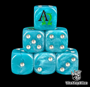 Turquoise 16mm D6 dice with a black alpha and green omega emblem and silver pips for sci-fi wargaming