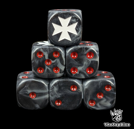 Black 16mm D6 dice with a white crusader cross emblem and red pips for sci-fi wargaming
