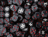 Pile of black crusader cross 16mm D6 dice for a sci-fi knight army