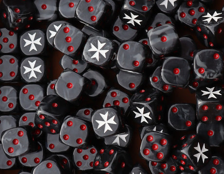 Pile of black crusader cross 16mm D6 dice for a sci-fi knight army