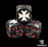 Close up of a black 16mm resin D6 die engraved with a white crusader cross and red pips