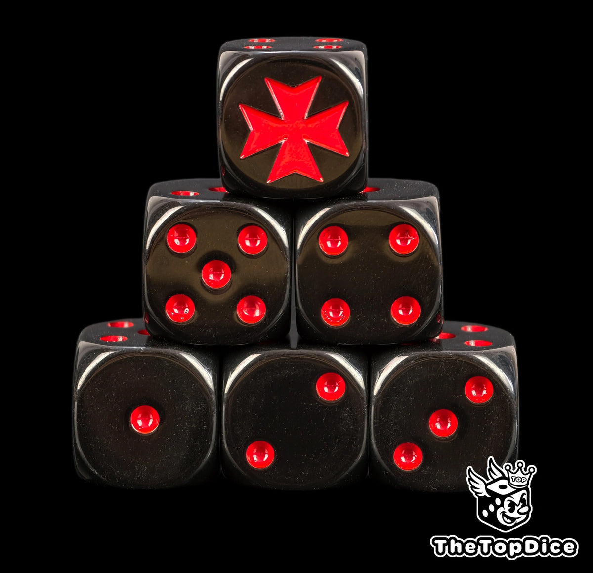 Black Templar dice, six black 16mm D6 stacked with a red templar cross and red pips