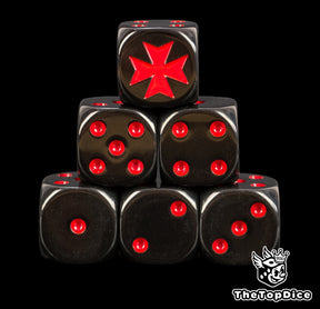 Black Templar dice, six black 16mm D6 stacked with a red templar cross and red pips