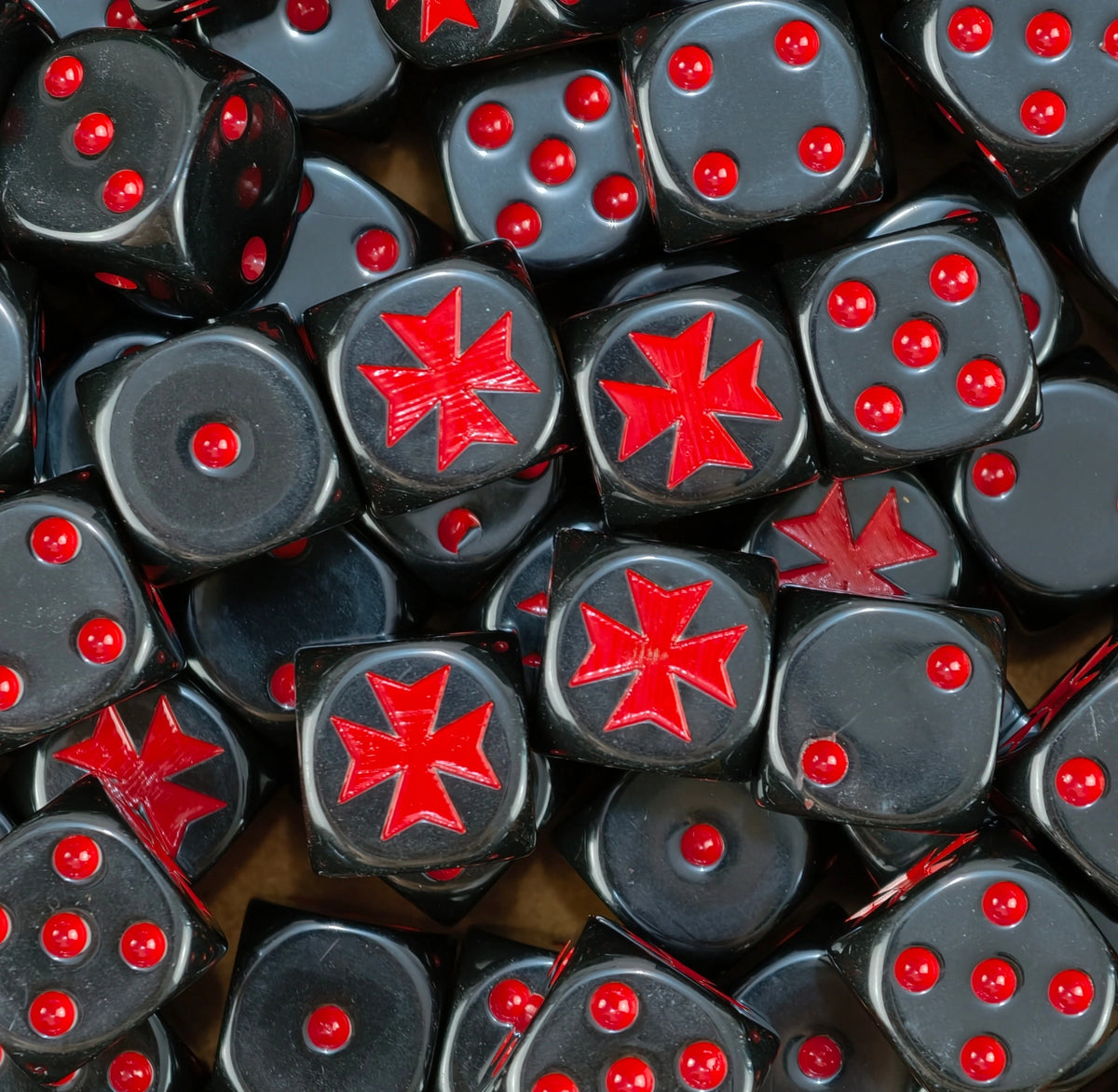 Pile of black crusade dice with red templar crosses and red pips for a Black Templars army