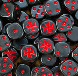 Pile of black crusade dice with red templar crosses and red pips for a Black Templars army