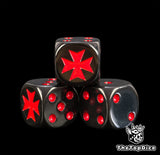 Close up of three Black Templars 40k dice, black resin with a red maltese cross and red pips