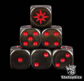 Chaos star dice, six black 16mm D6 stacked with a red eight pointed chaos star and red pips