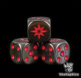 Close up of three black Chaos Space Marines dice with a red chaos star and red pips