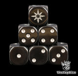 Chaos stars dice, six black 16mm D6 stacked with a silver chaos star and silver pips
