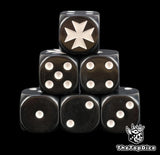 Black Templars dice, six black 16mm D6 stacked with a white templar cross and white pips