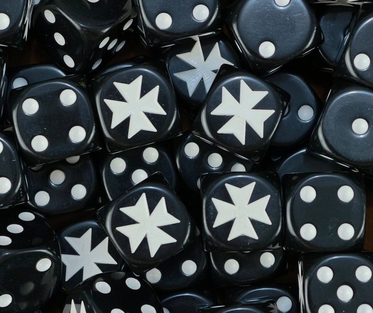 Pile of black crusader knight dice with white templar crosses and white pips for a Black Templars army