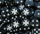 Pile of black crusader knight dice with white templar crosses and white pips for a Black Templars army