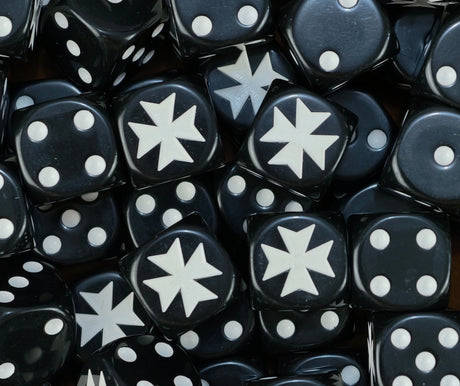 Pile of black crusader knight dice with white templar crosses and white pips for a Black Templars army
