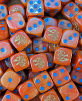 Pile of orange dino rune 16mm D6 dice for a fantasy lizardmen army
