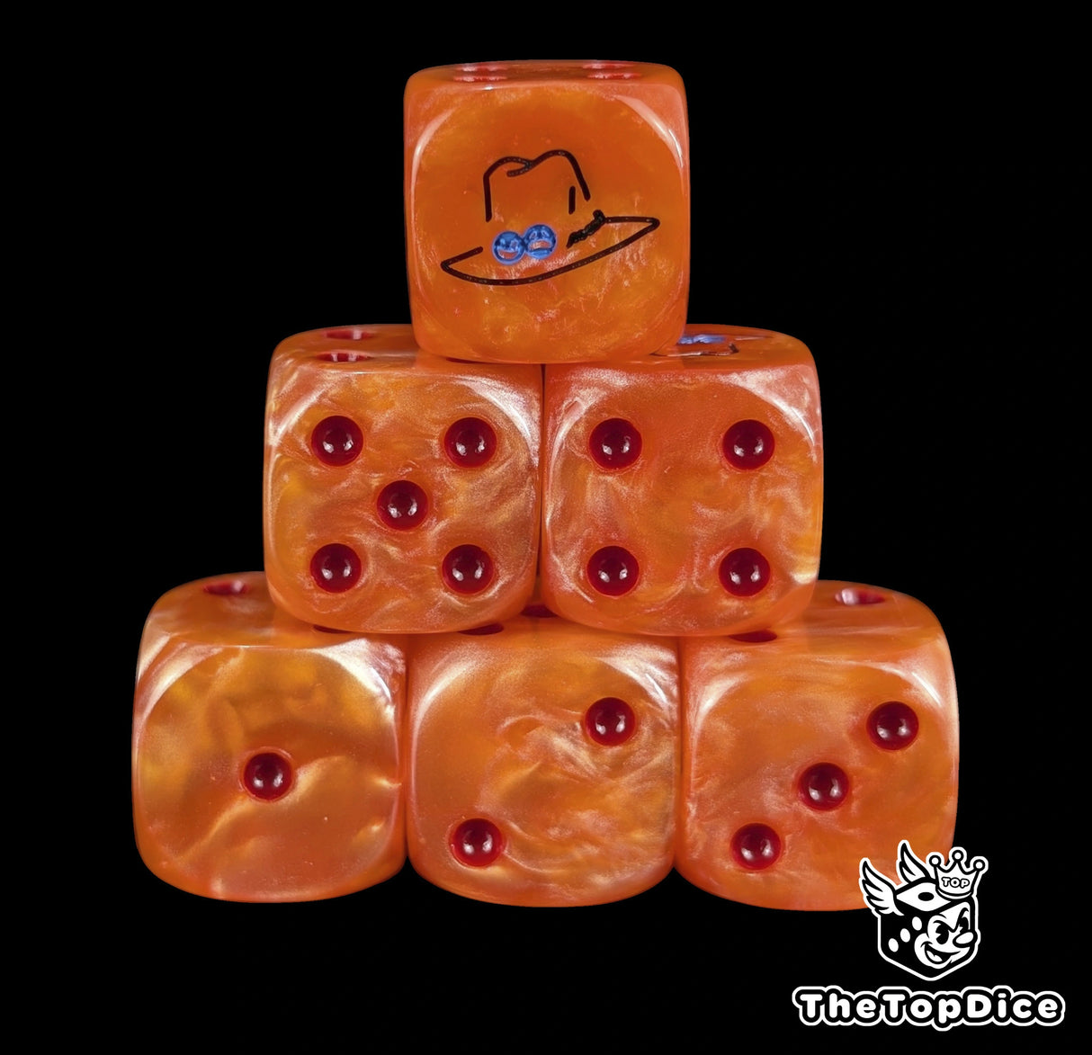 Orange 16mm D6 counter dice with a black flame hat emblem and red pips for anime pirate TCG