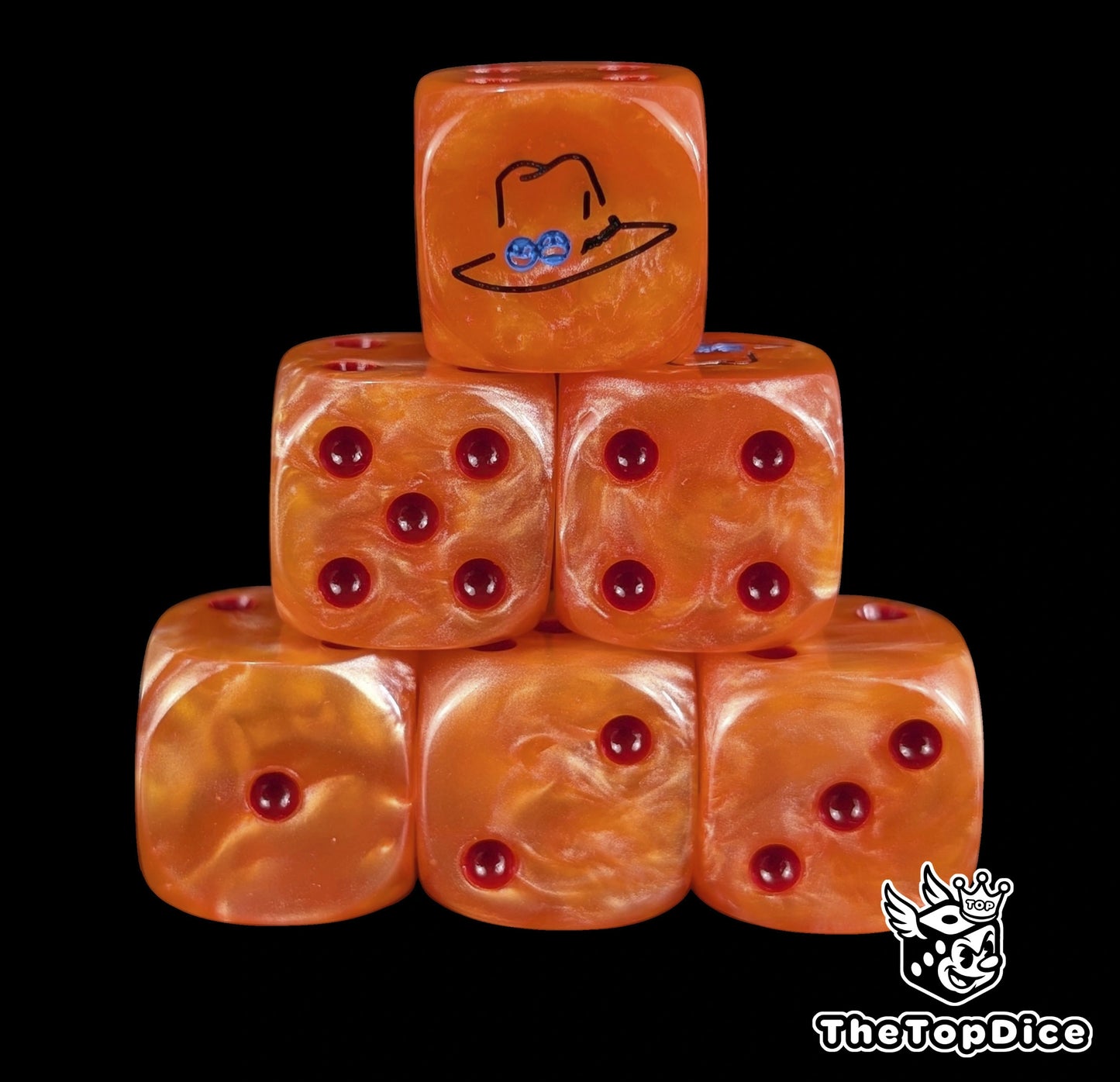 Orange 16mm D6 counter dice with a black flame hat emblem and red pips for anime pirate TCG