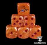 Orange 16mm D6 counter dice with a black flame hat emblem and red pips for anime pirate TCG