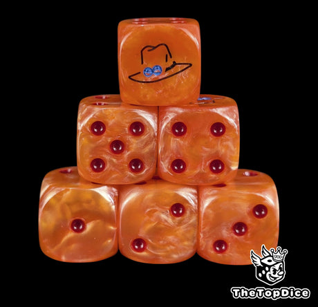 Orange 16mm D6 counter dice with a black flame hat emblem and red pips for anime pirate TCG
