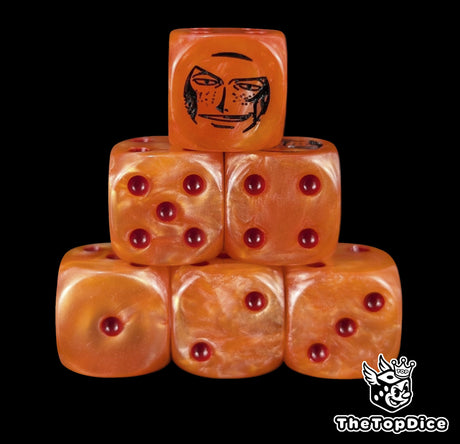 Orange 16mm D6 counter dice with a black pirate emblem and red pips for anime pirate TCG