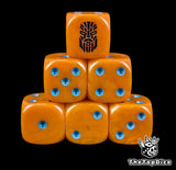 Orange 16mm D6 dice with a black kin rune emblem and blue pips for sci-fi wargaming
