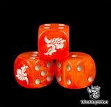 Three orange hive alien dice with white pips and a fanged emblem