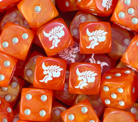 A pile of orange Tyranid hive fleet dice with white pips and alien heads