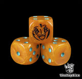 Close up of an orange 16mm resin D6 die engraved with a navigator emblem and blue pips