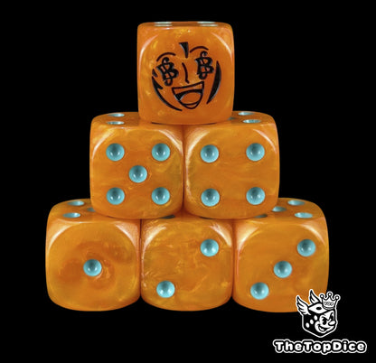 Orange 16mm D6 counter dice with a navigator emblem and blue pips for anime pirate TCG