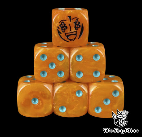 Orange 16mm D6 counter dice with a navigator emblem and blue pips for anime pirate TCG