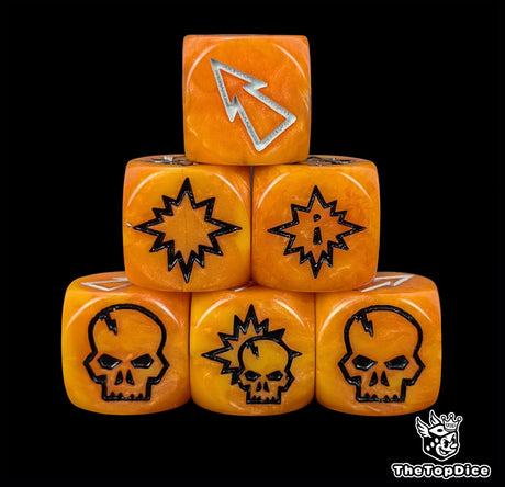 Close up of three orange 16mm block dice with white pips for resolving blocks