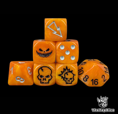 Orange horror fantasy football dice set of seven 16mm resin dice compatible with Blood Bowl