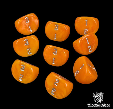 Orange 16mm D3 dice with silver numbers 1 to 3 for tabletop and wargames