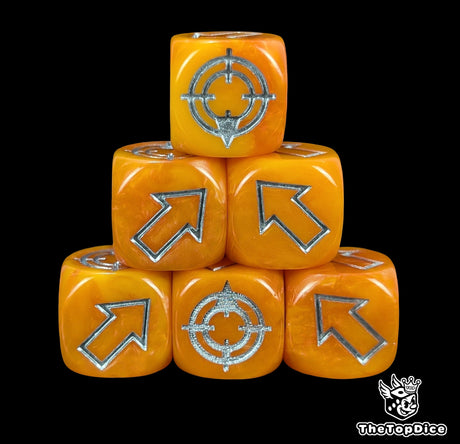 Orange 16mm scatter dice with silver arrows and hit faces for wargames