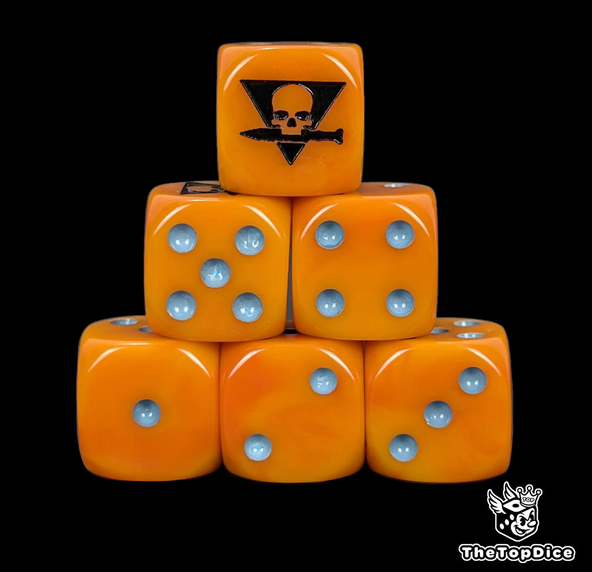 Orange 16mm D6 dice with a black skull emblem and blue pips for sci-fi skirmish wargaming