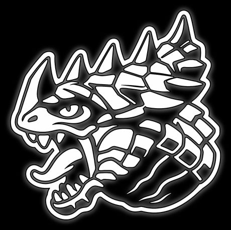 White line art of a spiked reptile head roaring on black, tile for Order Alliance fantasy 16mm dice