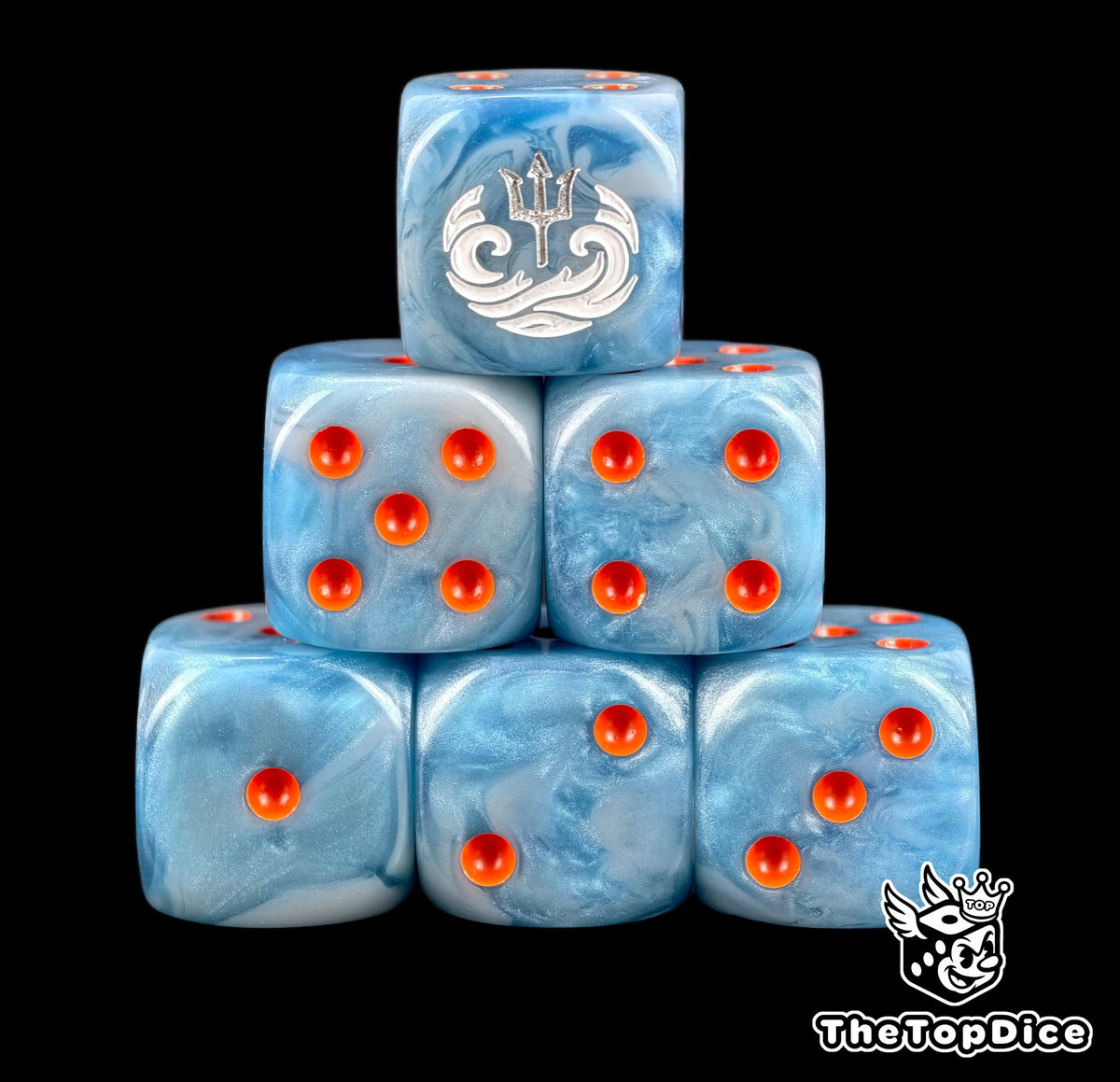 Six ice blue Idoneth Deepkin D6 stacked, orange pips and a trident
