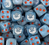 A pile of ice blue Idoneth Deepkin D6 with silver wave tridents