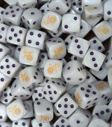 Pile of pale white excess cult 16mm D6 dice for a fantasy chaos army