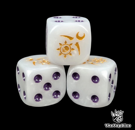 Close up of a pale white 16mm resin D6 die engraved with a gold moon and spiral and purple pips