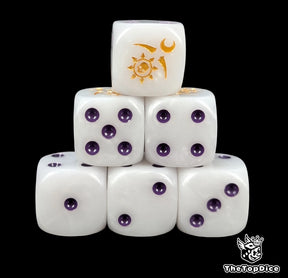 Pale white 16mm D6 dice with a gold moon and spiral emblem and purple pips for fantasy wargaming