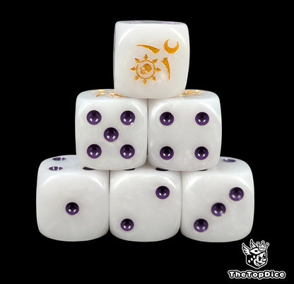Pale white 16mm D6 dice with a gold moon and spiral emblem and purple pips for fantasy wargaming