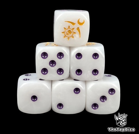 Pale white 16mm D6 dice with a gold moon and spiral emblem and purple pips for fantasy wargaming