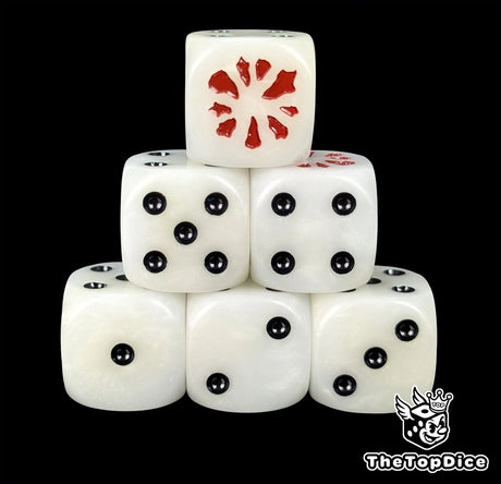 Bone white resin D6 dice with a red ogre maw emblem and black pips